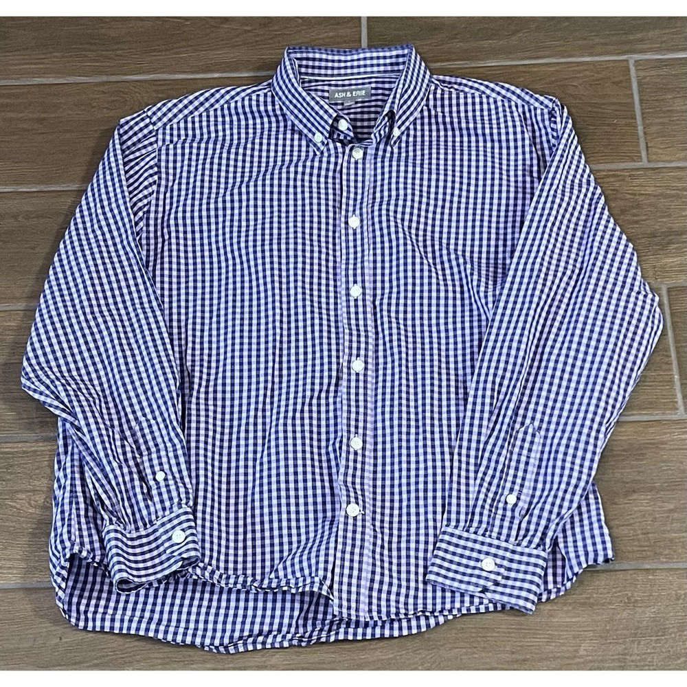 Ash & Erie Shirt Mens Large Gingham Purple Standard Cotton Long Sleeve Button Up